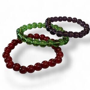 Green Purple Red Bohemian Handmade Set Of 3 Stretch Bracelets